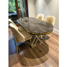 Msy Home 6 Kişilik Monaco Stil Gold Çizgili Gri Yönsüz Kumaş Ironi Oval Masa Modern Yemek Odası Seti