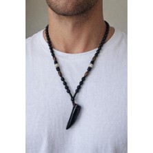 Unisex Siyah Mat Boncuklu Kolye – Taş Detaylı Boynuz Uçlu Otantik Tasarım Kolye