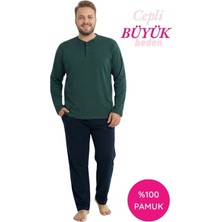 Guava Erkek Yeşil Büyük Beden 3 Düğmeli %100 Pamuk Mevsimlik Uzun Kol Cepli Pijama Takımı