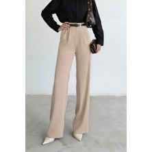 Hersteller Kadın Krem Bol Kesim Palazzo Pantolon Yüksek Bel Pileli Kumaş Pantolon