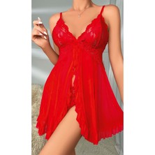 Kiss Me Kadın Kırmızı Tül Dantel Detaylı Önden Yırtmaçlı Fantezi Gecelik