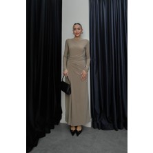 Havoş Vizon Ön Drape Detaylı Yırtmaçlı Elbise