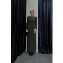 Havoş Haki Ön Drape Detaylı Yırtmaçlı Elbise