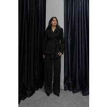 Havoş Siyah Notch Lapel Kuşaklı Blazer Takım