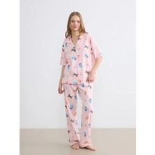 LC Waikiki Lcw Young Pembe Gömlek Yaka Desenli Kadın Pijama Takım