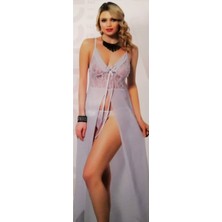 Wmc Collection  Beyaz Uzun Önden Derin Yırtmaçlı Fiyonklu Güpür Dantelli Fantezi Tül Gecelik