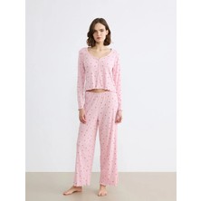 LC Waikiki Lcw Dream Pembe Kalp Yaka Fiyonk Desenli Kadın Pijama Takım