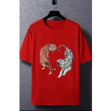 Amor Face Büyük Beden Özel Tasarım Iki Kaplan Baskılı %100 Pamuk Oversize Battal Kadın T-Shırt