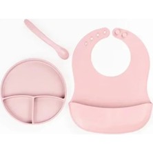 Tp Buğz Pembe 3’lü Silikon Yemek Seti – Önlük + Diş Kaşıyıcılı Kaşık + Vakumlu Tabak