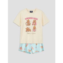 LC Waikiki Lcw Kids Bej Bisiklet Yaka Baskılı Kız Çocuk Şortlu Pijama Takımı