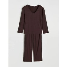 LC Waikiki Lcw Dream Kahverengi V Yaka Tül Detaylı Kadın Pijama Takımı