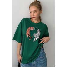 Amor Face Büyük Beden Özel Tasarım Iki Kaplan Baskılı %100 Pamuk Oversize Battal Kadın T-Shırt