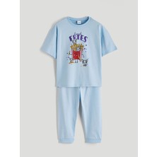 LC Waikiki Lcw Eco Mavi Bisiklet Yaka Baskılı Kız Çocuk Pijama Takım