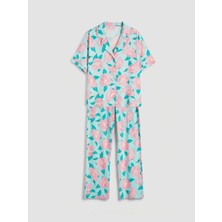 LC Waikiki Lcw Dream Turkuaz Gömlek Yaka Çiçekli Kadın Pijama Takımı