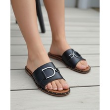 L&L Hakiki Deri Topuksuz Siyah Kadın Terlik