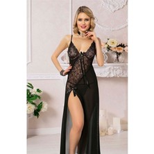 Wmc Collection Siyah Uzun Derin Yırtmaçlı Taşlı Fiyonklu Güpür Dantelli Fantezi Gecelik