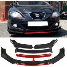 Özgürce Kırmızı Şeritli Seat Leon Mk2 Ön Lip Parlak Siyah Abs, 4 Parça Set