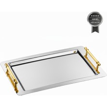 Arsel Napoli Sade Paslanmaz Çelik Gold Kulplu Çay Kahve Servis Tepsisi 29X45 cm Gold Kulp Şık Sunum