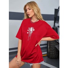 Amor Face Büyük Beden Özel Tasarım Yıldızlar Baskılı %100 Pamuk Oversize Battal Kadın T-Shırt