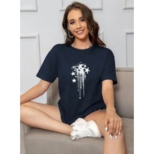 Amor Face Büyük Beden Özel Tasarım Yıldızlar Baskılı %100 Pamuk Oversize Battal Kadın T-Shırt