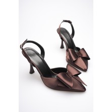 Roof Atelier Kadın Acı Kahve Saten Kurdele Detaylı Arkası Açık Ince Topuklu Ayakkabı - Junya