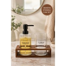 Medushop Akasya Standlı Cam Sıvı Sabunluk ve Diş Fırçalık Seti 430 ml Banyo Organizer