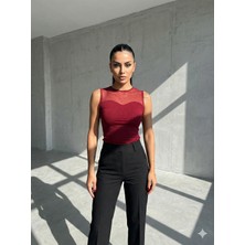 Cuyka Kadın Transparan Tül Detaylı Bluz Şık Dar Kesim Sandy Kumaş Bluz