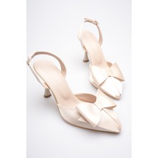 Roof Atelier Kadın Bej Saten Kurdele Detaylı Arkası Açık Ince Topuklu Ayakkabı - Junya