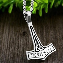 Runik Yazılı Iskandinav Tasarım Erkek Thor Çekici Kolye – Mjolnir Viking Çelik Kolye