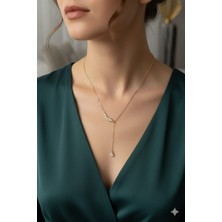 Gold Zincir Detaylı Yaprak Detay Zirkon Taşlı Y Kolye