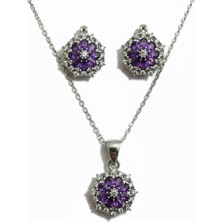Parlavert Silver 925 Ayar Gümüş Kadın Ametist Taşlı Çiçek Model Küpe Kolye Takımı