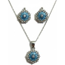 Parlavert Silver 925 Ayar Gümüş Kadın Akuamarin Taşlı Çiçek Model Küpe Kolye Takımı