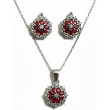 Parlavert Silver 925 Ayar Gümüş Kadın Garnet Taşlı Çiçek Model Küpe Kolye Takımı