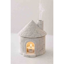 Minimal Mermer Efektli Seramik Ev Tütsülük & Mumluk – El Yapımı Dekoratif Tealight Ev (Lavanta & Vanilya Kokulu Mum Hediyeli)