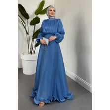 Merven Akyüz Virella Altı Fırfırlı Janjan Abiye Mavi