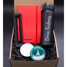 Kişiye Özel Siyah Kilitli Termos & Kırmızı Roller Kalem & Kırmızı Defter & Metal Kutulu Mum Hediye Seti