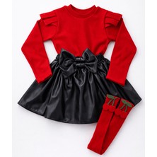 Özge Başaran Kız Çocuk Kırmızı Ribana Badi Siyah Deri Etekli 3’lü Takım Kirazlı Çorap Set