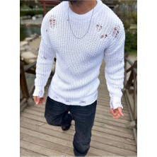 Elku Moda Tüylenmez Naturel Pamuk Rahat Kesim Salaş Kazak Oversize Yırtık Detaylı Lazer Kesim