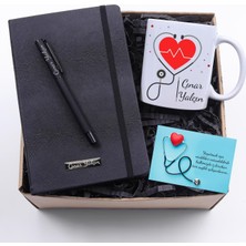 Sağlık Çalışanlarına Özel Baskılı Kupa & Kişiye Özel Siyah Defter & Siyah Roller Kalem Hediye Seti
