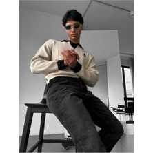 Elku Moda Premium Old Money Çizgili Polo Yaka Erkek Triko Kazak - Relaxed Fit Dokulu V Yaka Örgü Sweatshirt