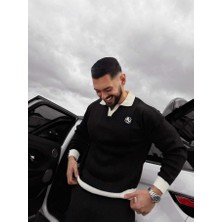 Elku Moda Premium Old Money Çizgili Polo Yaka Erkek Triko Kazak - Relaxed Fit Dokulu V Yaka Örgü Sweatshirt