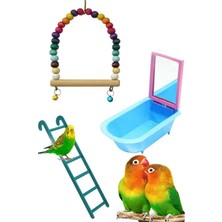 Dmcpetstore Kuş Oyuncak Seti( Salıncak Küvet Plastik Merdiven)