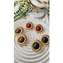 Jewelry Kırmızı Taşlı Çizgili Yuvarlak Plaka Vintage Büyük Küpe