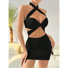 Kiss Me Kadın Siyah Boyundan Bağlamalı Fantezi Kulüp Elbisesi