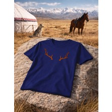 North Whiskers Geyik Boynuzu Baskılı Unisex Tişört Lacivert
