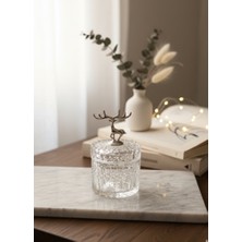 Furkan Dekoratif Kristal Küçük Boy Yuvarlak Cam Şekerlik Geyikli Gümüş