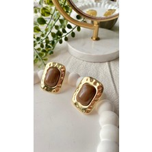Jewelry Kahverengi Taşlı Desenli Kare Plaka Vintage Gold Küpe
