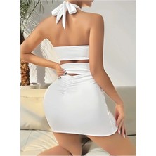 Kiss Me Kadın Beyaz Boyundan Bağlamalı Fantezi Kulüp Elbisesi