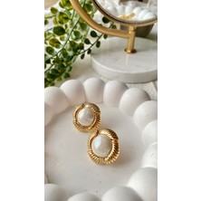 Jewelry Yaprak Desenli Inci Taşlı Gold Küpe