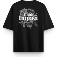 Overoz Youth Impact Sırt Baskılı Yarı  Oversize Unisex Siyah Tshirt 1253